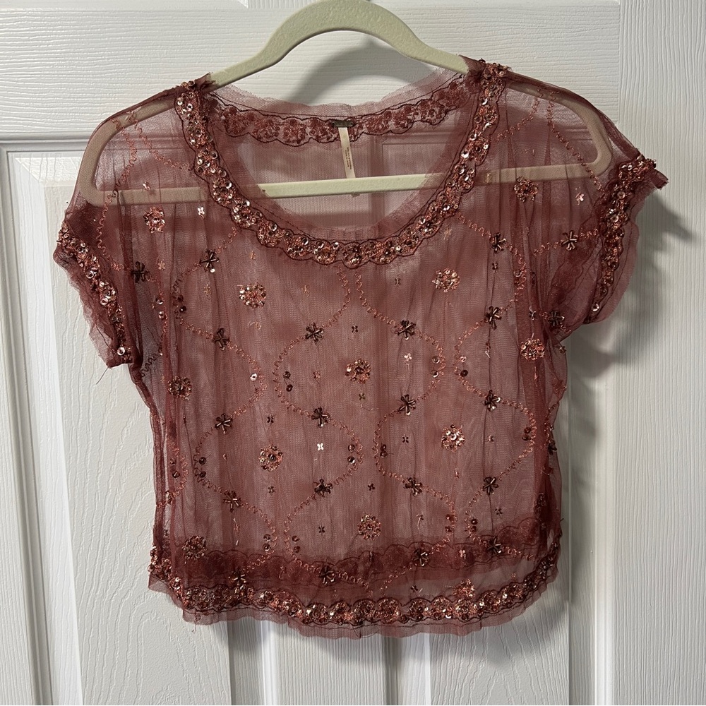 Sheer Embellished Top - burgundy